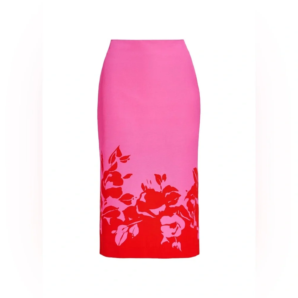 Bright Pink Midi A-Line Skirt with Red Floral Hem - Picture 4 of 8